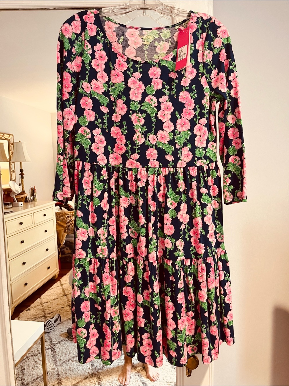 Lilly Pulitzer Navy Midi Dress with Pink Floral Print  NWT